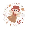 Cute vector magic illustration with tooth fairy character, autumn leaves, berries, branches, plants, bubble, wings