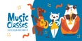 Cute vector music classes flyer or poster design with cute animals playing music