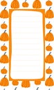 Cute vector note list template for kids. Memo card on background with orange pumpkins in hand drawn cartoon style