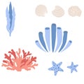 Cute vector ocean set with algae, corals, shells.Underwater cartoon creatures.Marine animals.Cute illustration for Royalty Free Stock Photo