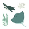 Cute vector ocean set with devilfish, penguin, algae, corals.Underwater cartoon creatures.Marine animals.Cute