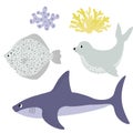 Cute vector ocean set with flounder, shark, seal, seaweed.Underwater cartoon creatures.Marine animals.Cute illustration Royalty Free Stock Photo