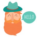 Cute vector old man in hat with ginger beard, mustaches and smile