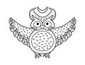 Cute vector owl with spread wings and half moon. Halloween black and white icon. Funny autumn all saints eve illustration with Royalty Free Stock Photo