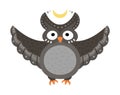 Cute vector owl with spread wings and half moon. Halloween character icon. Funny autumn all saints eve illustration with flying Royalty Free Stock Photo