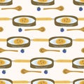Cute vector pancake day breakfast illustration. Seamless repeating pattern.