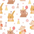 Cute vector pattern birthday cute bear, adorable hare, background for kids. fluffy babies