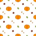 Cute vector pattern with pumpkins, pine cones and leaves