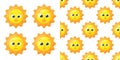 Cute vector pattern of sun characters. Funny happy suns for kids fashion, baby showers and birthdays. Bright and beauti. Royalty Free Stock Photo