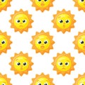 Cute vector pattern of sun characters. Funny happy suns for kids fashion, baby showers and birthdays. Royalty Free Stock Photo