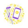 Cute vector phone and headphones in flat style. Concept listen to music on your smartphone.