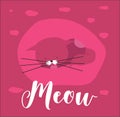 Cute vector pink cat, with long whiskers, sleeping, on a bright pink background Royalty Free Stock Photo