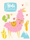 Vector poster or card with cute cartoon lama and cacti