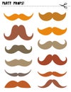 Printable Photo Booth Vector Props Set. Various Shapes and Colors Moustache. DIY.