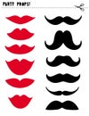 Printable Photo Booth Vector Props Set. Red Lips and Black Moustache. DIY.