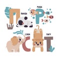 Cute vector Russian alphabet card with animals and plants. Set of cute cartoon illustrations - panda, fish, elephant Royalty Free Stock Photo