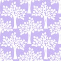 Cute vector seamless pattern with apple tree silhouettes. Pastel lavender color.