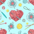 Cute seamless pattern of balls of yarn, buttons, skeins of yarn or knitting and crocheting.