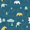 Cute vector seamless pattern with childrens drawing - road with cars, mountains, trees.