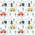 Cute vector seamless pattern with childrens drawing - street traffic with cars, road, trees.