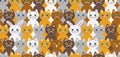 Cute vector seamless pattern with colorful kittens, white rabbit and scowling owl.