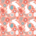 cute vector seamless pattern on Easter theme with hand drawn rabbits, flowers and colored eggs.
