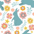 Cute vector seamless pattern on Easter theme with hand drawn rabbits and flowers.