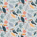 Cute vector seamless pattern with exotic birds, parrot, toucan and tropical plants. Royalty Free Stock Photo