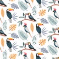 Cute vector seamless pattern with exotic birds, parrot, toucan and tropical plants.