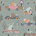 Cute vector seamless pattern with funny forest animals on cars