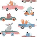 Cute vector seamless pattern with funny forest animals on cars