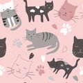 cute vector seamless pattern with hand drawn difference cats, paws