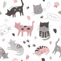 Cute vector seamless pattern with hand drawn difference cats, paws