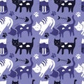 Cute vector seamless pattern with hand drawn difference cats, paws, naive childish ornament.