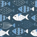 cute vector seamless pattern with hand drawn fishes in blue tones. childish background for printing Royalty Free Stock Photo