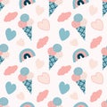 Cute vector seamless pattern with hand drawn ice-creams, clouds and hearts on a light background. Royalty Free Stock Photo
