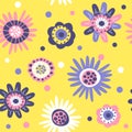 cute vector seamless pattern with hand drawn primitive naive flowers on yellow background in folk style Royalty Free Stock Photo