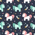 Cute vector seamless pattern with hand drawn unicorns, pony, stars and comets on a dark blue background.