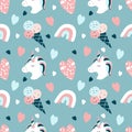 Cute vector seamless pattern with hand drawn unicorns, rainbow, ice-creams and hearts on a blue background Royalty Free Stock Photo