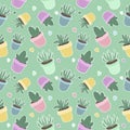 Cute vector seamless pattern with houseplants, cactuses in pots and hearts on green background