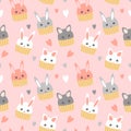 Cute vector seamless pattern with kawaii sweets - cupcakes in the form of animals bunnies and cats