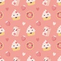 Cute vector seamless pattern with kawaii sweets - cupcakes, milkshakes, donuts. pattern in pink colors in flat style