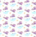 Cute vector seamless pattern for kids. Gentle unicorn with multi-colored mane and ponytail. Around the horse are clouds Royalty Free Stock Photo