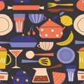 Cute vector seamless pattern with  kitchen utensils, dishes, fruits, pots, pans, cups, glasses, mug Royalty Free Stock Photo