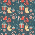 Cute vector seamless pattern with many icons for happy New year and Christmas. Holiday background with gift, Christmas balls, gift Royalty Free Stock Photo