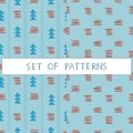 A vector set of Christmas seamless patterns with Christmas trees and red geometry in Scandinavian style on a blue background Royalty Free Stock Photo