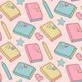 Cute vector seamless pattern with notebook, alarm clock etc. School elements, childish background. Royalty Free Stock Photo