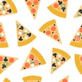 Cute vector seamless pattern with pizza slices and different ingredients