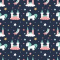 Cute vector seamless pattern with princesses, unicorns, stars and castles.