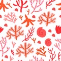 Cute vector seamless pattern with red corals on white background. Coral reef, shells, star fish. Royalty Free Stock Photo